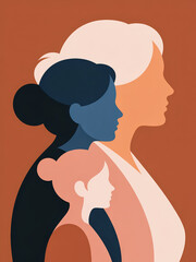 Stylized silhouette of two women in profile view overlapping in a modern minimalist design with earthy brown and muted blue tones