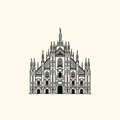 A black and white line drawing of a towering European cathedral, with intricate architectural details against a cream background