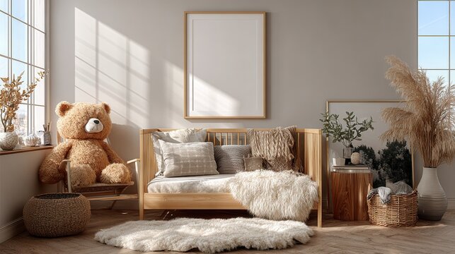children&rsquo;s room mockup with empty poster frame, wooden crib, soft rugs, cozy decor, and natural sunlight, warm and inviting interior