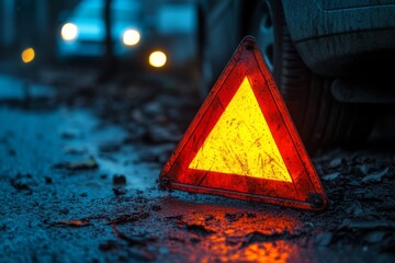 selective focus warning triangle behind stalled car