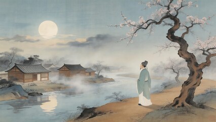 A solitary figure in traditional attire stands by a blossoming tree under a full moon, overlooking a misty village and calm water.