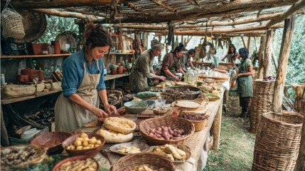 Obraz premium Artisan Woman Preparing Fresh Harvested Produce in Rustic Kitchen, Traditional Food Preparation, Natural Ingredients, Farm-to-Table Lifestyle.