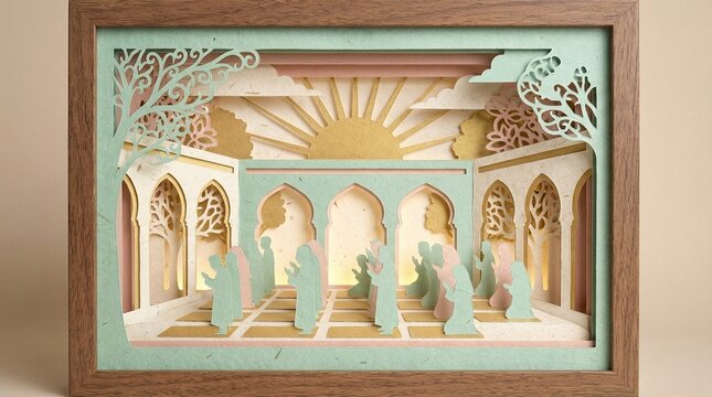 Multi-layered Paper Cut Diorama of People Praying at Eidgah Sunrise