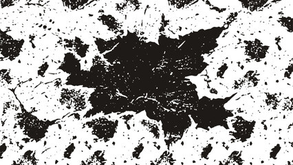 Obraz premium Grunge black maple leaf silhouette with distressed texture and scattered splatter spots