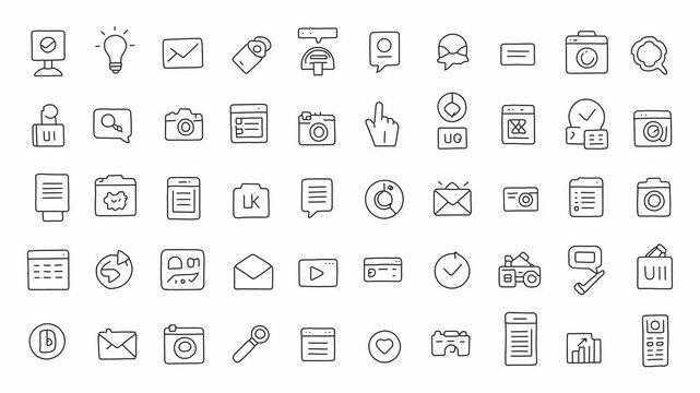 Web interface and video blogging symbols hand-drawn doodle animation 4k with alpha channel on transparent background.