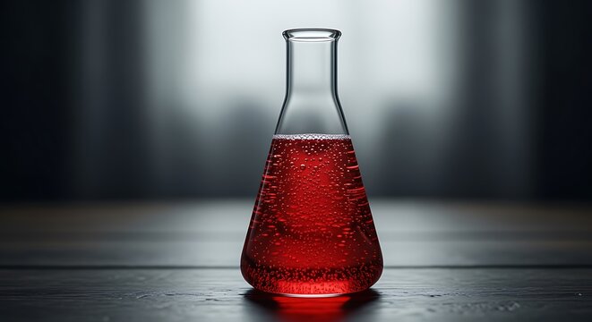 Red Liquid in Laboratory Erlenmeyer Flask with Bubbles on Dark Wooden Surface