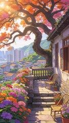 Obraz premium A serene courtyard with blooming flowers, a winding tree, and a view of a cityscape in the distance.