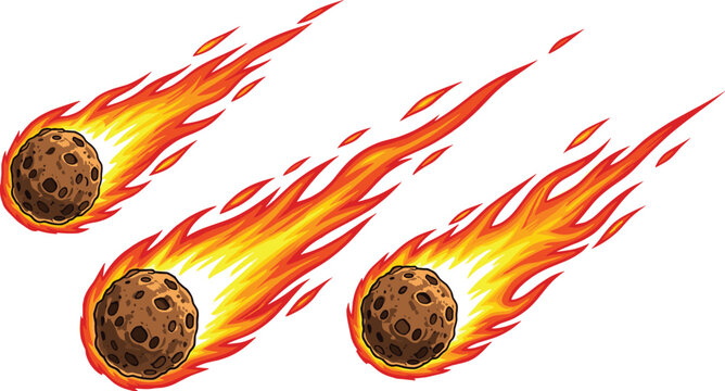 Burning meteor fireball comet space object flaming asteroid vector illustration set