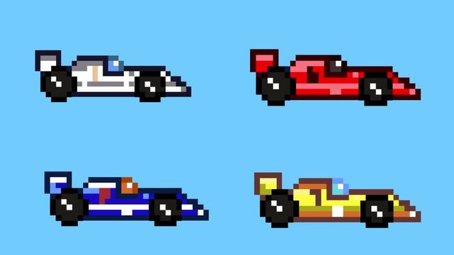 Pixel art animation with four race cars on a blue background, art, vintage, pixel.
