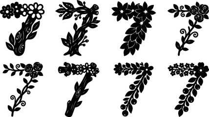Fototapeta premium Silhouette floral seven number icons set decorative corner elements with branches leaves roses and blossoms in bold vector black ornamental