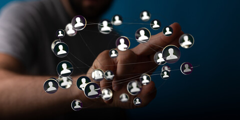 Abstract network of people linked together by digital connections, symbolizing teamwork, social networking, and online