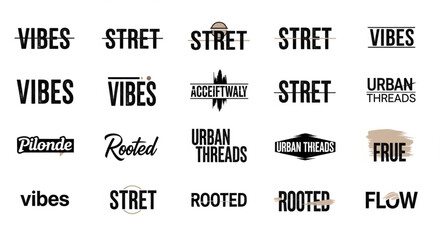 Collection of various brand logos and text designs in black and white, showcasing diverse typography styles. © Kiki