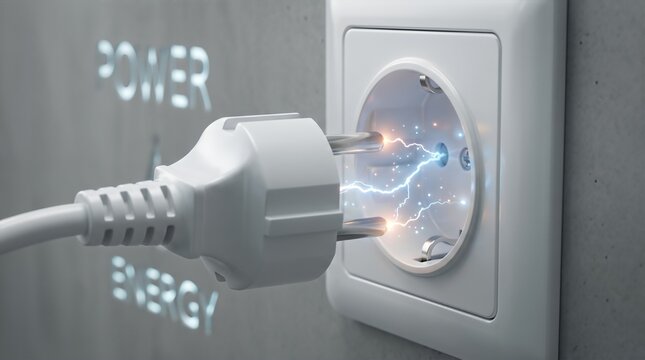 Electric Plug Connecting to Socket with Sparks and Power Energy Text 3D Render