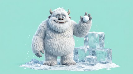 Cartoon Yeti Standing on Snowy Ground.