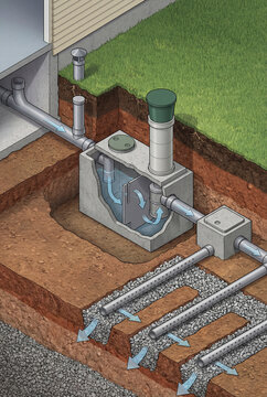 Household drainage and septic treatment cutaway showing underground pipes, septic tank chambers, and leach field.