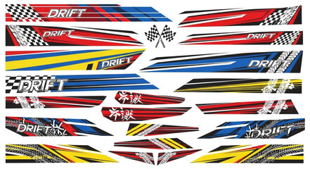 Colorful racing car decals with drift text and checkered flags for vehicle customization. © Kiki