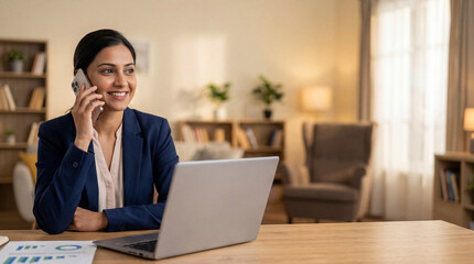 Fototapeta premium Smile, phone call and businesswoman with laptop in home with remote work for finance negotiation. Computer, cellphone and female financial manager on mobile discussion for investment review in house.