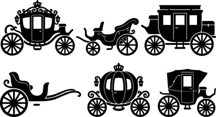Fototapeta premium Silhouette vector vintage horse drawn carriages set showing ornate coach up side view decorative royal pumpkin coach with lanterns wheels