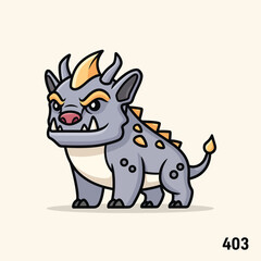 Fototapeta premium A cartoon creature with a gray body, yellow horns, and a pink nose, looks toward the viewer with a stern expression. Its form is thick-lined