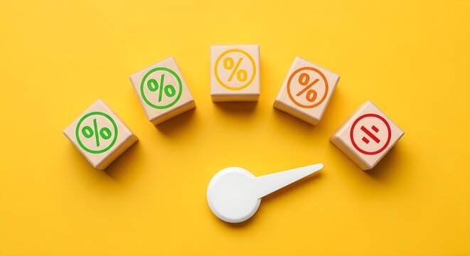 Wooden blocks with percentage symbols are arranged in an arc, with a white dial pointing, indicating varying rates.