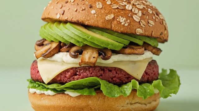 Gourmet Avocado Burger with Fresh Greens and Vegetables on Light Green Background