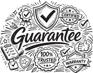 Obraz premium Guarantee, Warranty, and Trust Concept Hand-Drawn Doodle Illustration with Certified Badges and Quality Assurance Symbols - vector icons