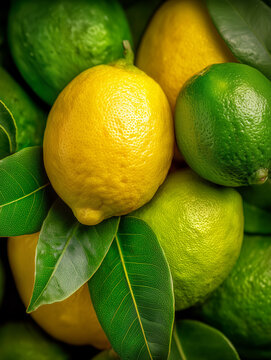 Close up of fresh yellow lemons and green limes with leaves