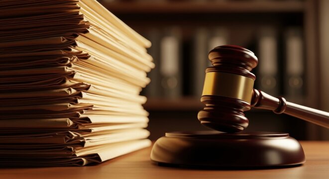 A gavel resting beside a stack of legal documents symbolizing judicial proceedings.
