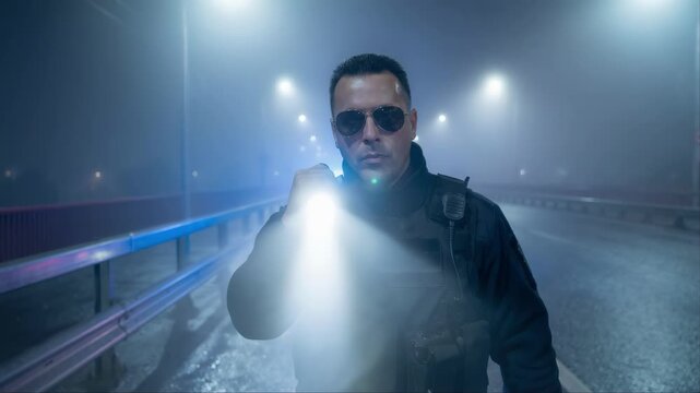 Rainsoaked environment with officer thoroughly assessing illuminated foggy scene