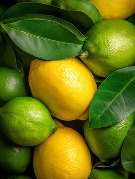 Close up of fresh yellow lemons and green limes with leaves