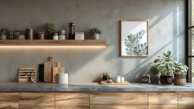 vintage hallway interior with blank frame on wall and rustic wooden console table, soft natural sunlight, cozy and warm atmosphere