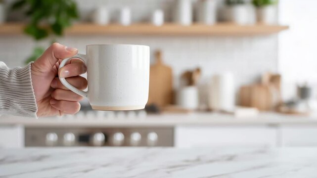 A person is holding a white coffee mug in their hand. The mug is placed on a countertop in a kitchen. The kitchen is well-equipped with various items such as a knife, a bowl, and a spoon