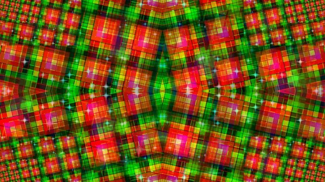 Vibrant plaid pattern illustration with red, green, symmetry and abstract shapes