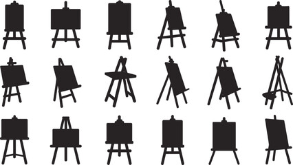 Collection of black easel silhouettes isolated on white background, artist painting stands icon set, creative studio equipment illustration for design and art concepts. © Abdullah
