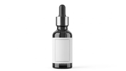 Naklejka premium A brown glass bottle with a dropper lid and blank label on a white background.