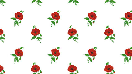 Poppies Isolated Hand Drawn Pattern Red White Flowers Leaves Love Heart Romantic Girly Textile Seamless No Background Transparent Floral Design Graphic repeated editable