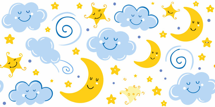 Playful pattern of smiling clouds stars and crescent moons