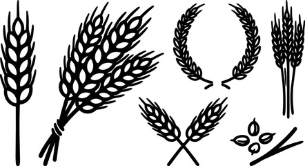 Naklejka premium Minimalist line art wheat and laurel wreath bundle set black silhouettes close up agricultural icons flat vector illustration isolated simple