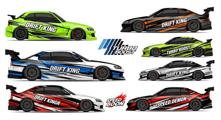 Six colorful drift racing cars with unique designs and graphics. © Akilo
