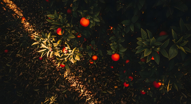 Vibrant oranges growing on trees in sunny orchard with dramatic lighting