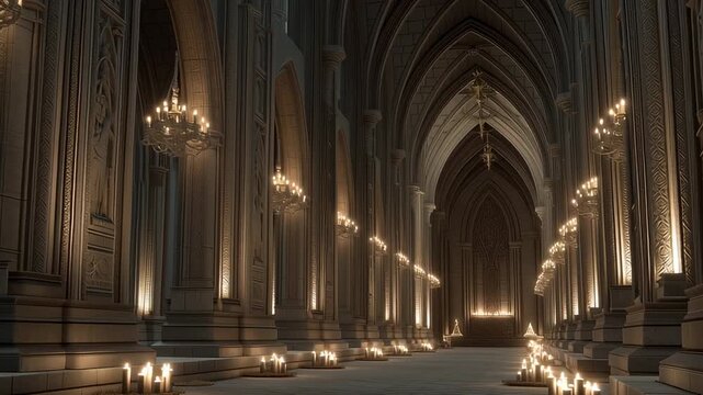 Majestic gothic cathedral interior with tall arches, chandeliers and candles creating dramatic medieval atmosphere