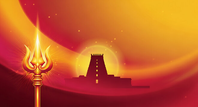 Vaikasi Visakam Banner with Glowing Vel and Temple Silhouette