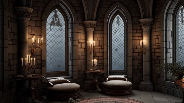 Moody gothic living room with tall arched windows, stone walls, candle light and vintage furniture creating a dark medieval atmosphere