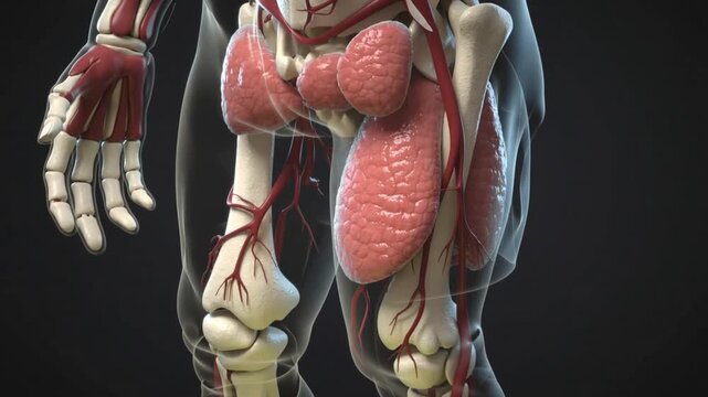 Detailed 3D medical illustration of human anatomy focusing on torso organs and skeletal system