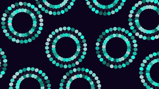 Abstract circular DNA helix pattern animation on dark background, seamless loop