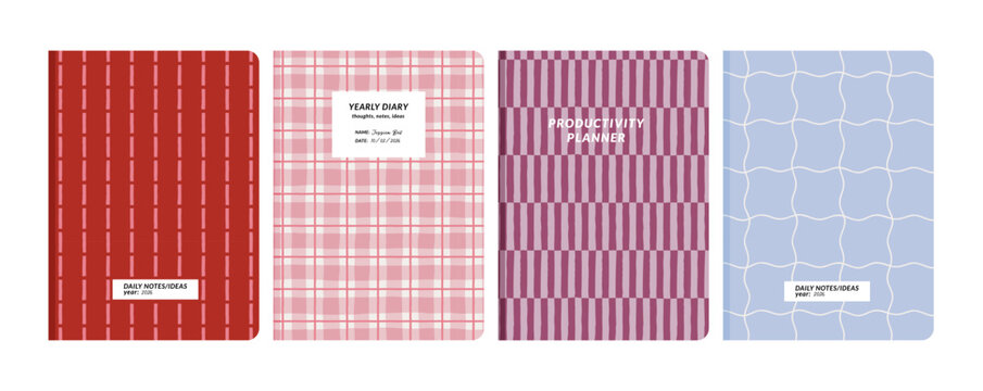 Set of romantic heart pattern notebook, dairy, planner cover designs. Valentine's Day stationery templates with pink and red seamless geometric motifs.