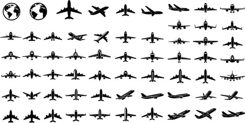 Black airplane silhouette icon set, aviation vector design, globe earth travel symbols, aircraft front side top views, flight illustration collection