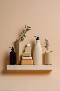 Scandinavian Minimalist Shelf Design with Natural Cosmetic Products and Greenery in Modern Home Interior