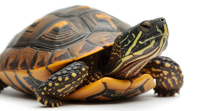 A close-up view of a turtle with a detailed shell pattern and textured skin