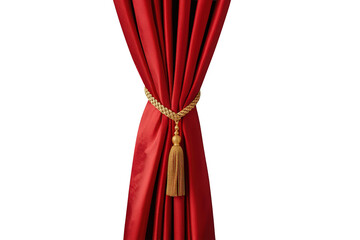 Red velvet draped curtain tied back with decorative golden rope and tassel, presenting a luxurious stage or theater theme